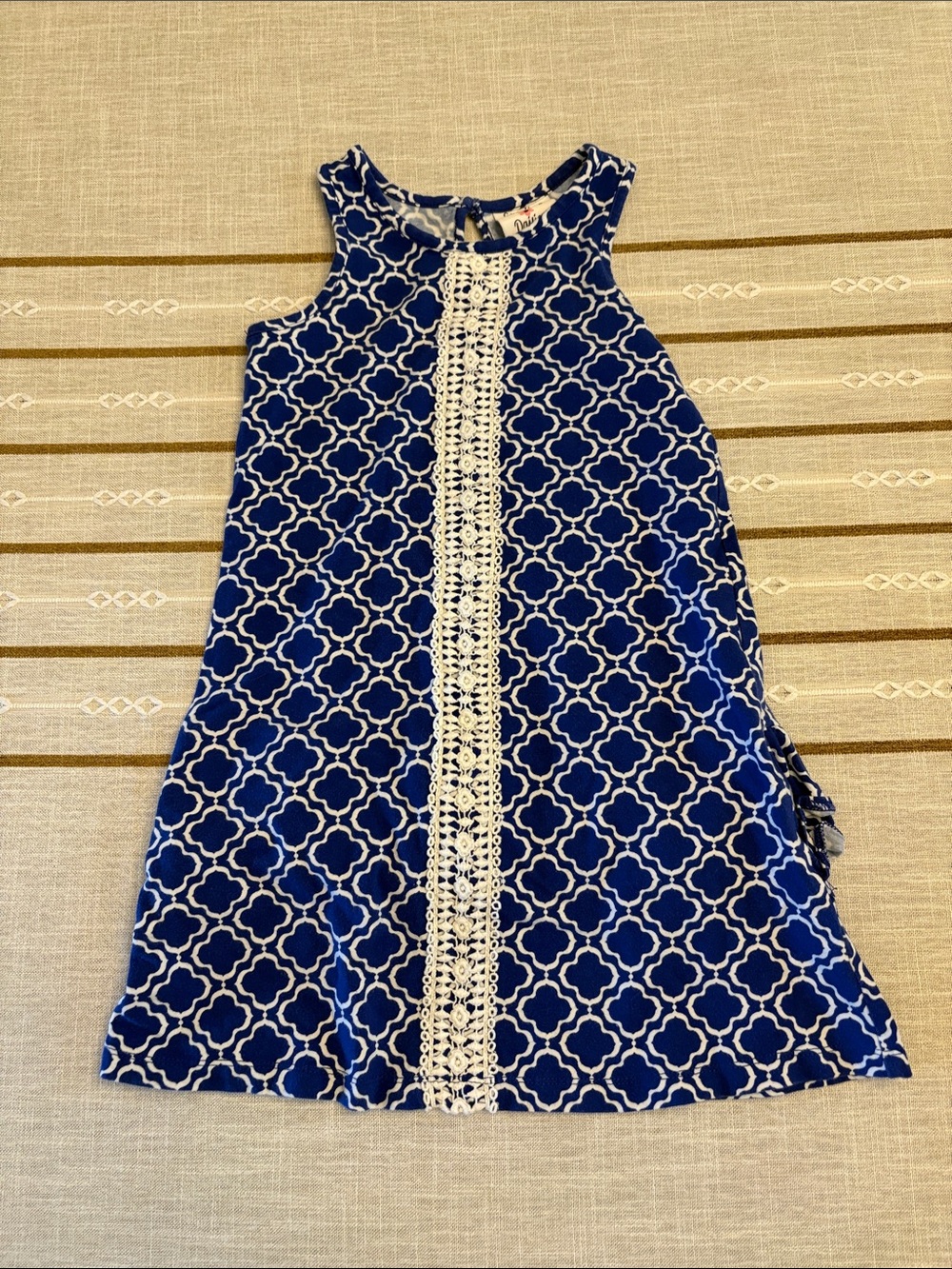 Girls Blue Sleeveless Dress with White Lace Trim and Ruffles on Back